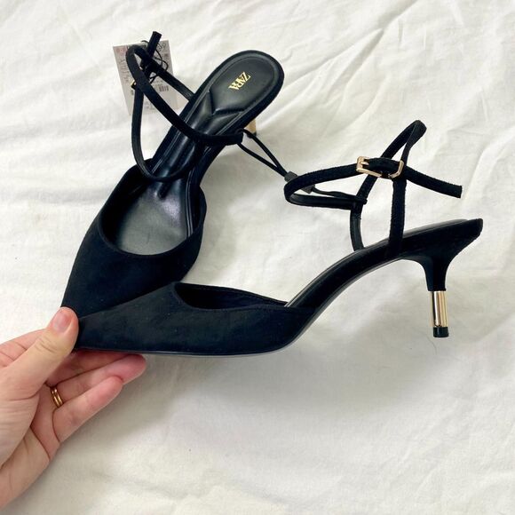 NWT Zara Vampy Black Faux Suede Slingback Gold Kitten High Heels US 8 - Picture 6 of 8